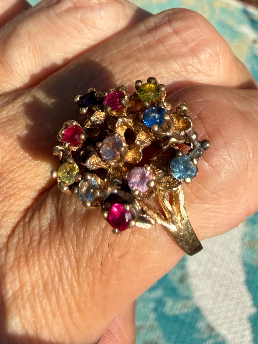 Beautiful vintage multi color gemstone cluster cocktail ring.